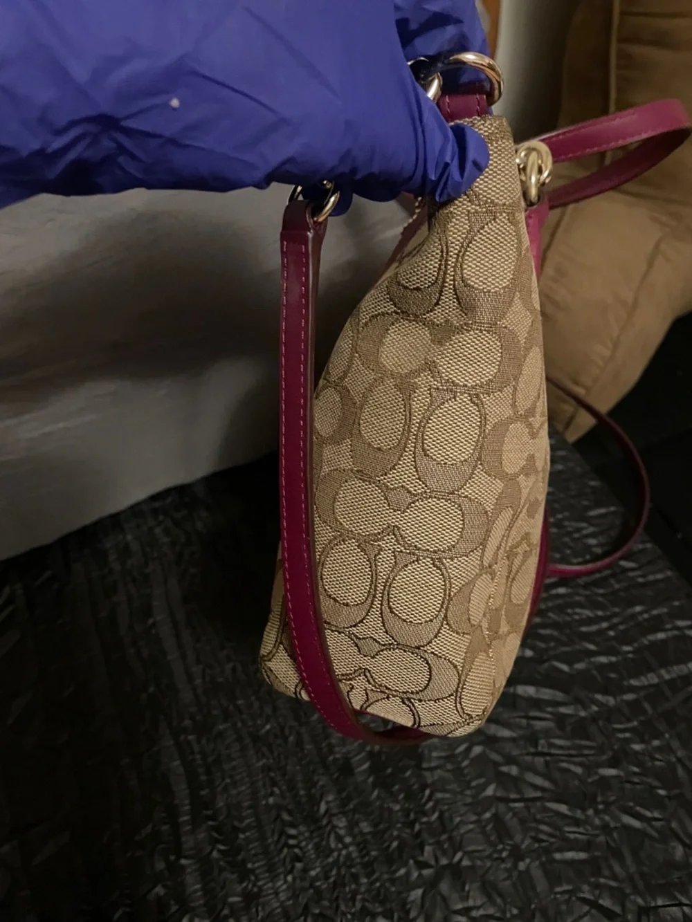 Coach Brown Signature Canvas Shoulder Bag with Raspberry Trim - Picture 8 of 17